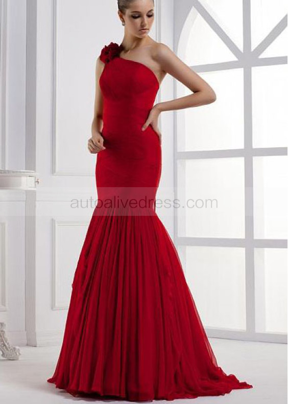 One Shoulder Beaded Red Chiffon Chic Evening Dress